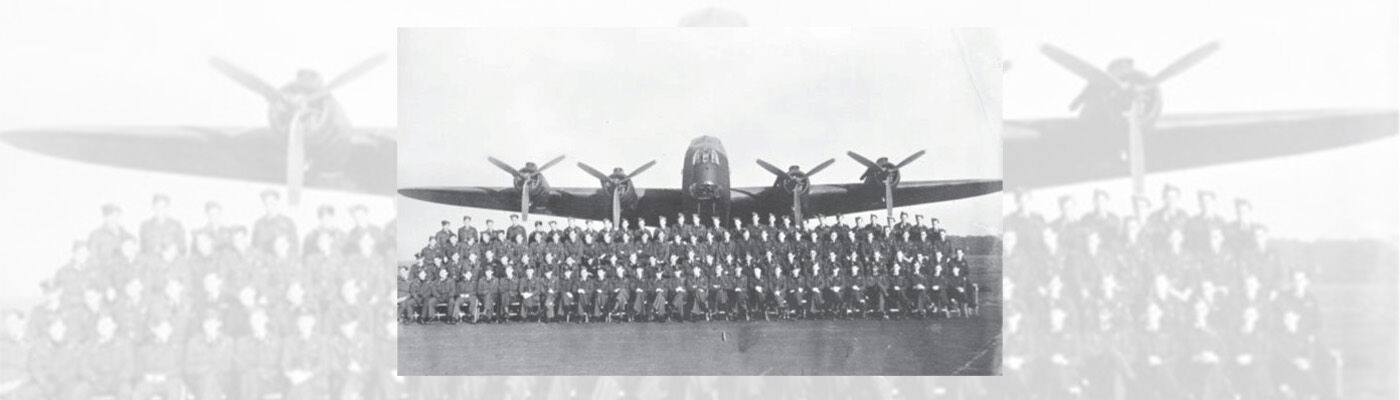 218 SQN aircrew in front of a squadron Short Stirling bomber aircraft at RAF Woolfox Lodge 1944