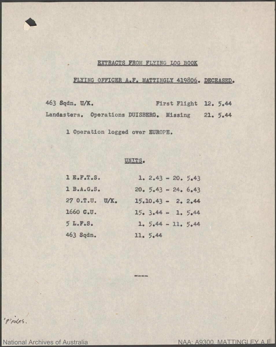 1 BAGS MATTINGLEY Albert Frank 419806 Service record