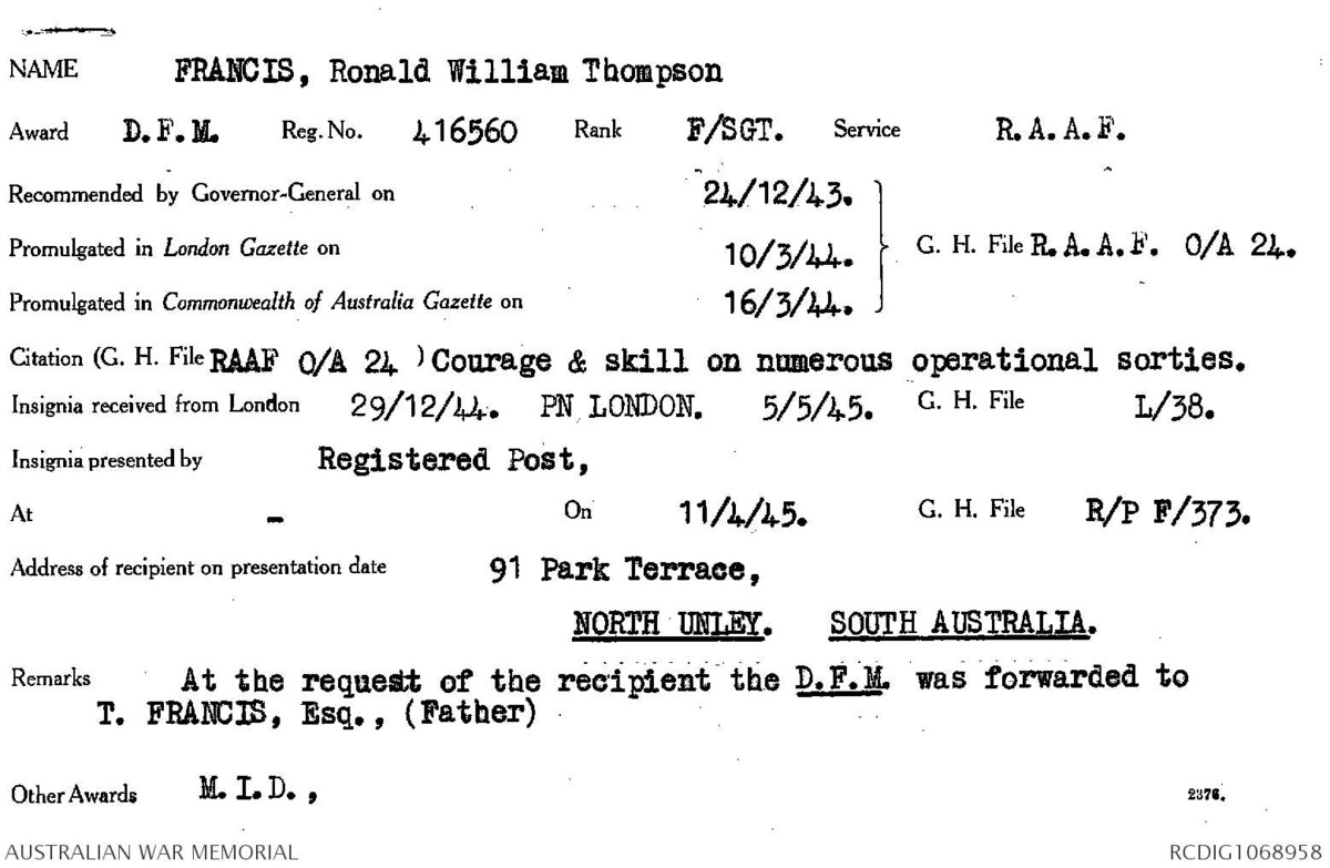 1 WAGS - FRANCIS Ronald William Thompson - 416560 Citation