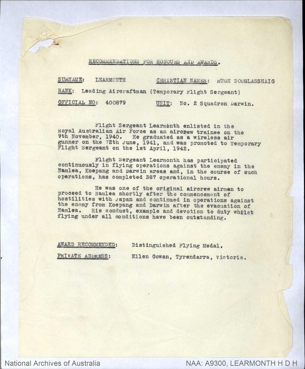 1 WAGS - LEARMONTH Hugh Douglas Haig - 400879 Citation