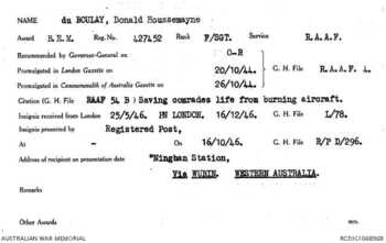 Du BOULAY [BEM], Donald Houssemayne - Service Number 427452 | 1WAGS Ballarat