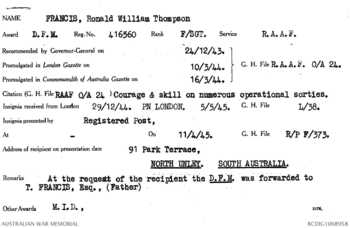 FRANCIS [DFM], Ronald William Thompson - Service Number 416560 | 1WAGS Ballarat