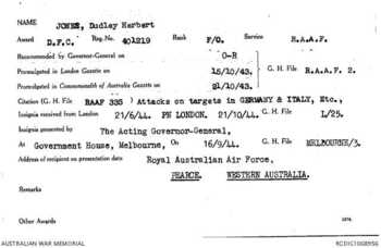 JONES [DFC], Dudley  Herbert - Service Number 401219 | 1WAGS Ballarat