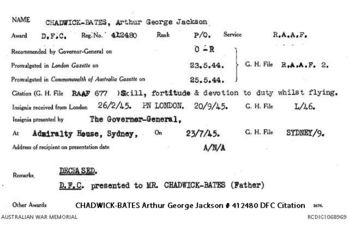 CHADWICK-BATES [DFC], Arthur George Jackson - Service Number 412480 | 1WAGS Ballarat